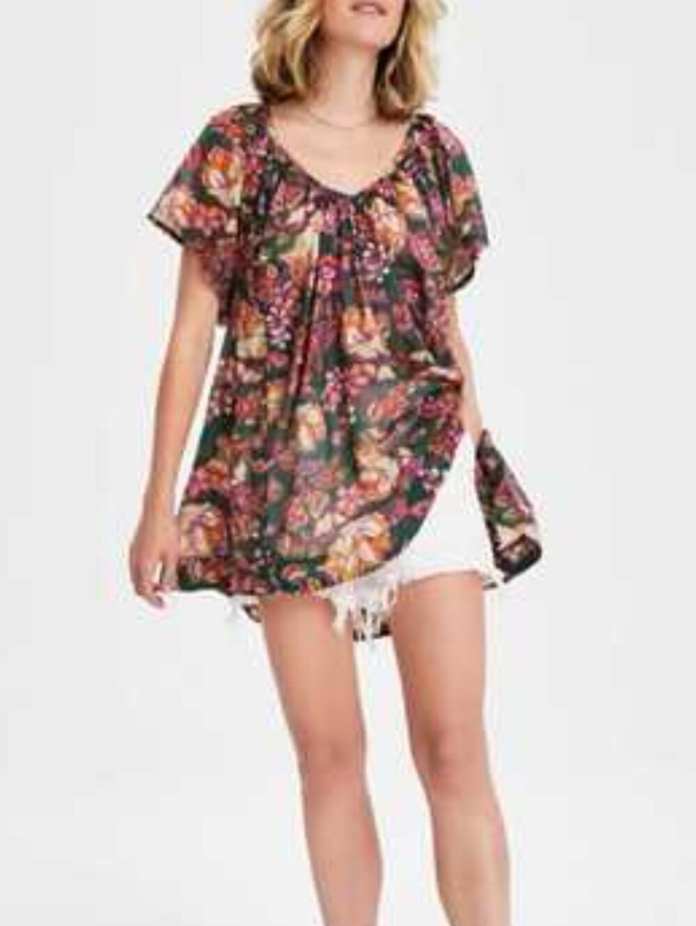 Free People Floral Flutter Tunic Green & Pink Size Large 100% Cotton